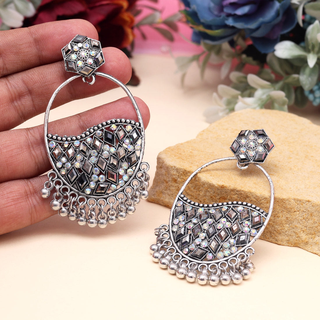 Silver Color Oxidised Earrings (GSE3054SLV) - Preyans.com