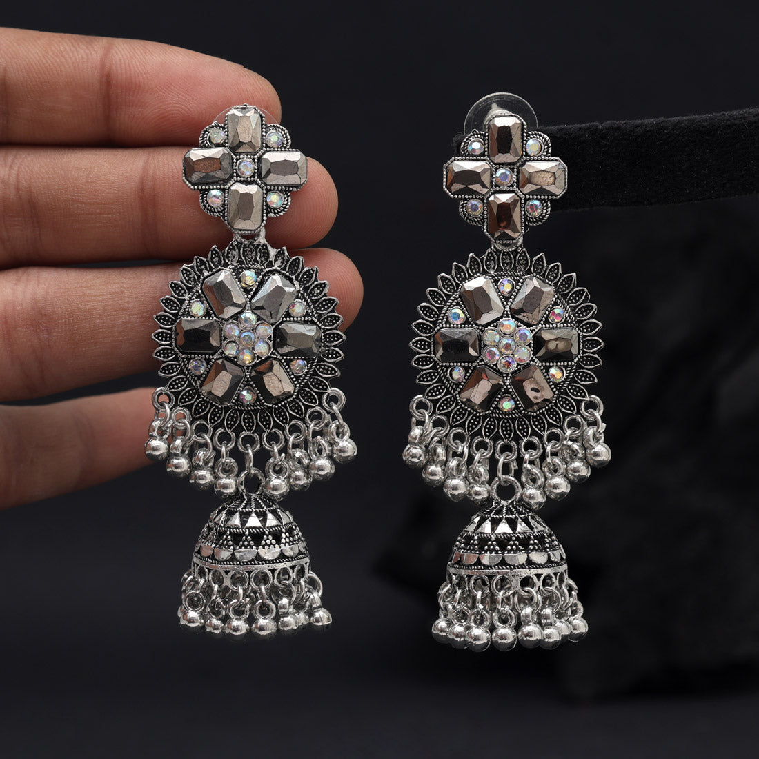 Silver Color Oxidised Earrings (GSE3056SLV) - Preyans.com