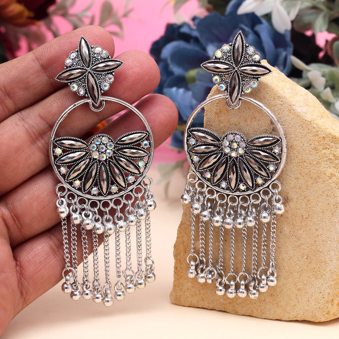 Silver Color Oxidised Earrings (GSE3058SLV) - Preyans.com