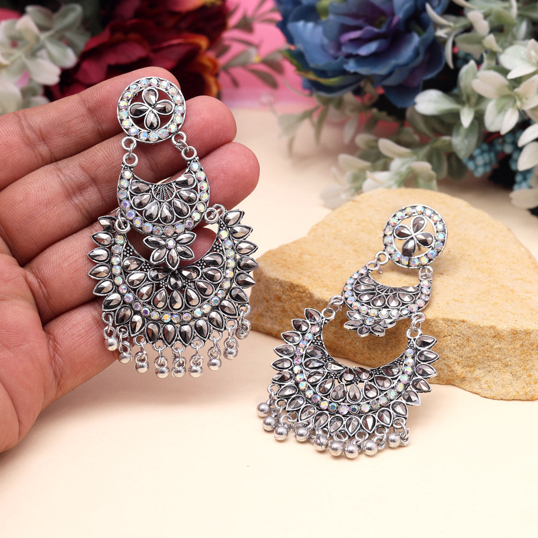 Silver Color Oxidised Earrings (GSE3066SLV) - Preyans.com