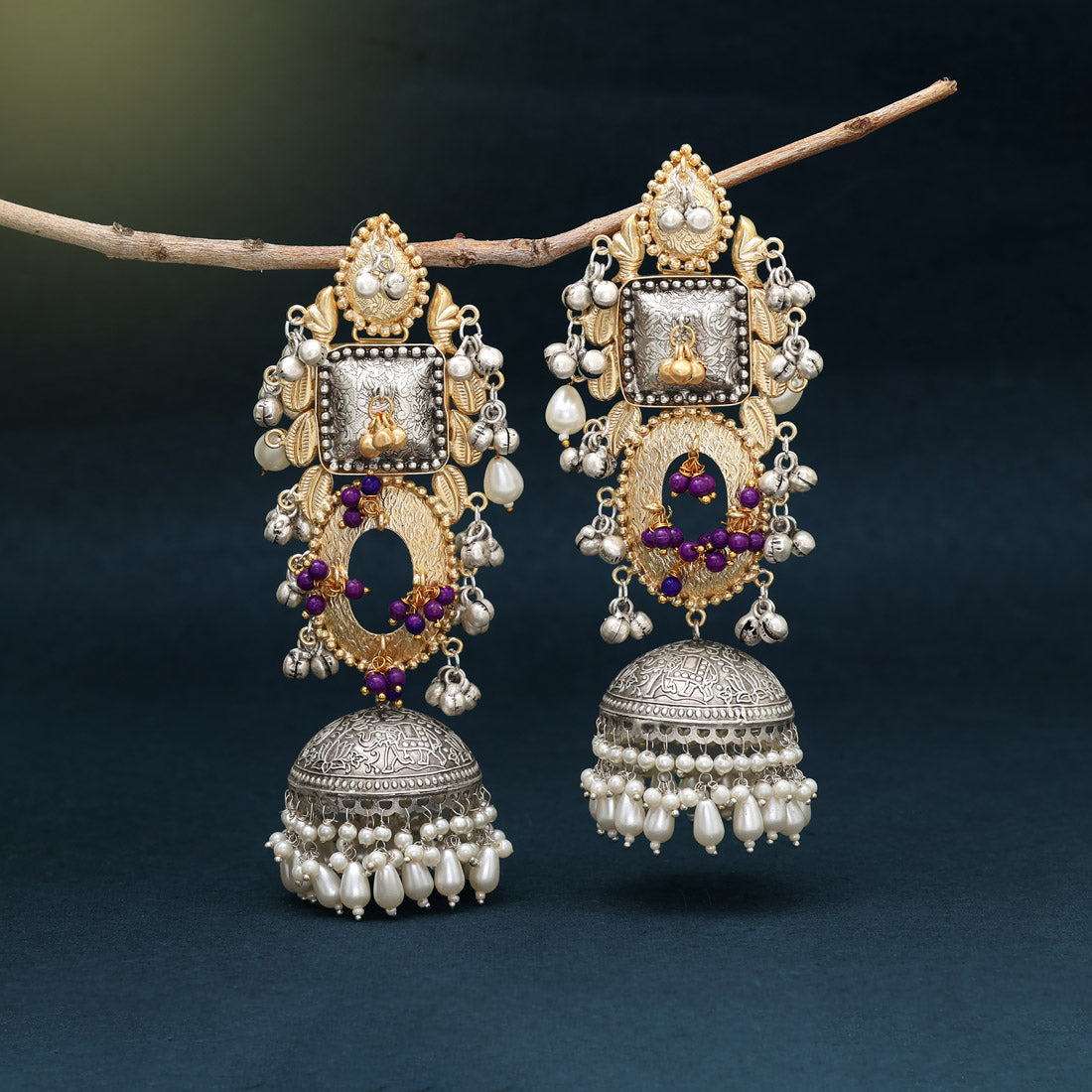 Gold & Silver Color Handmade In Jaipur On Brass Metal Oxidised Earrings (GSE3075GS) - Preyans.com