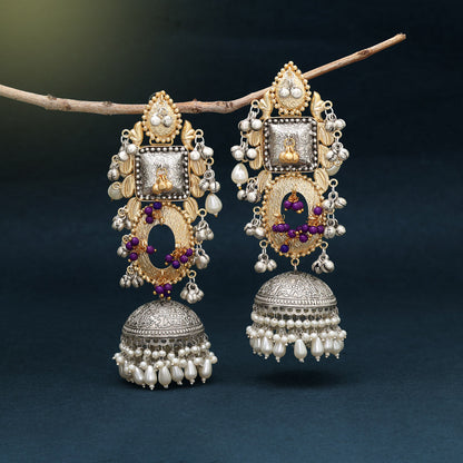 Gold & Silver Color Handmade In Jaipur On Brass Metal Oxidised Earrings (GSE3075GS) - Preyans.com