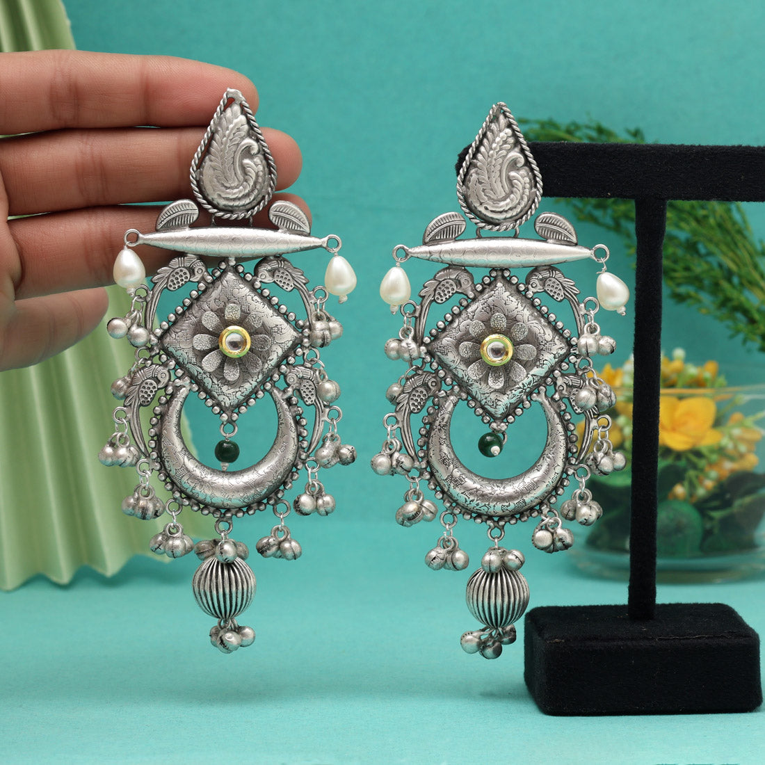 Silver Color Oxidised Earrings (GSE3085SLV) - Preyans.com