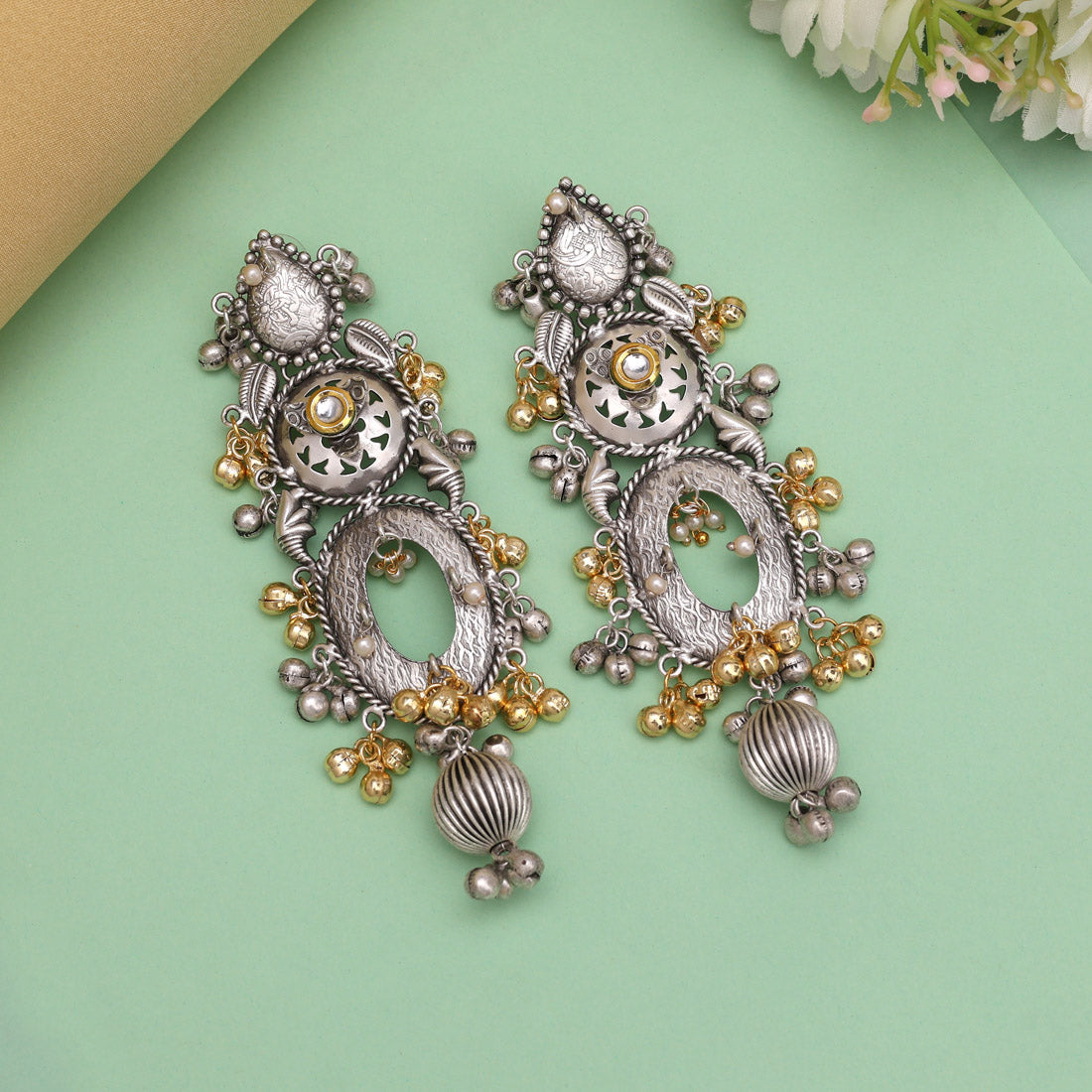 Gold & Silver Color Oxidised Earrings (GSE3086GS) - Preyans.com