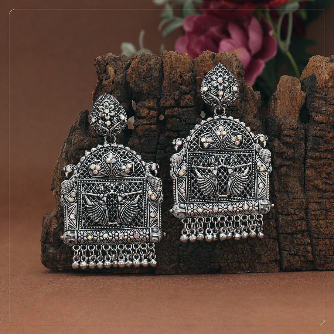Silver Color Glass Stone Oxidised Earrings - Preyans.com
