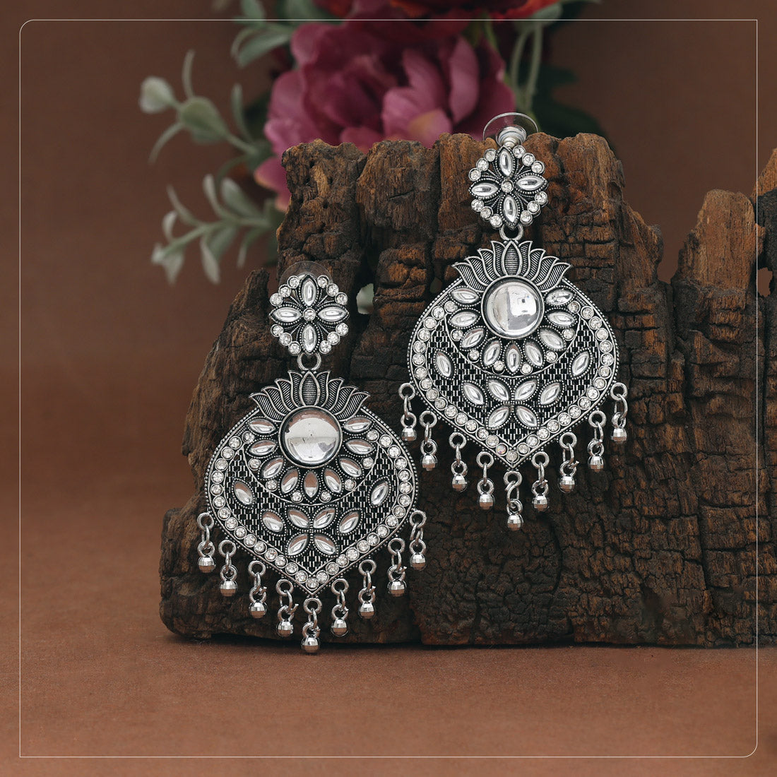 Silver Color Glass Stone Oxidised Earrings - Preyans.com