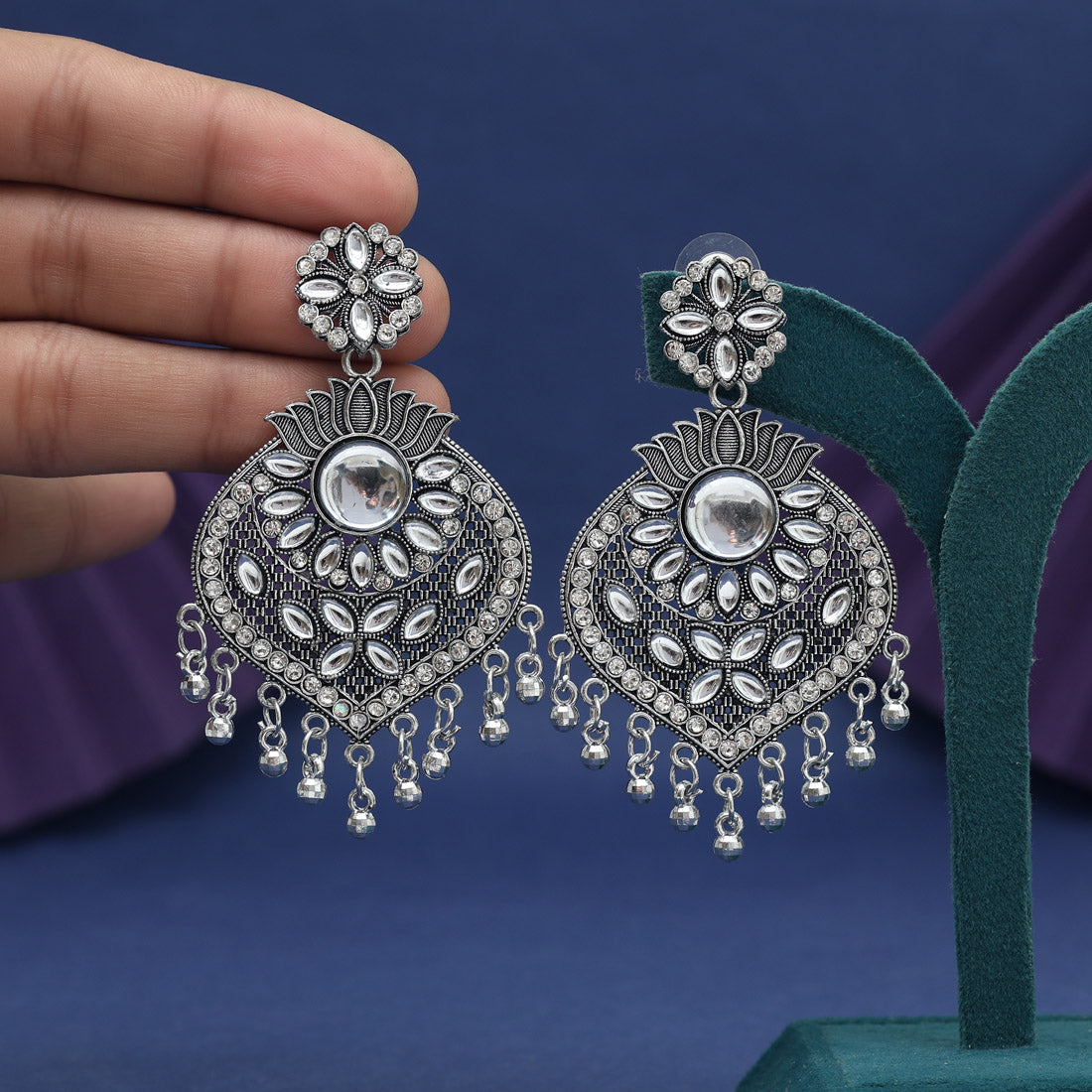 Silver Color Glass Stone Oxidised Earrings - Preyans.com
