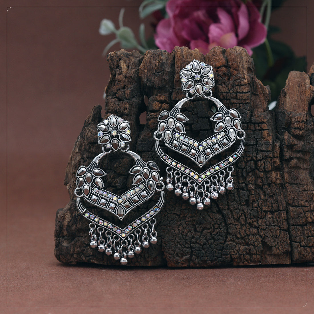 Silver Color Glass Stone Oxidised Earrings - Preyans.com
