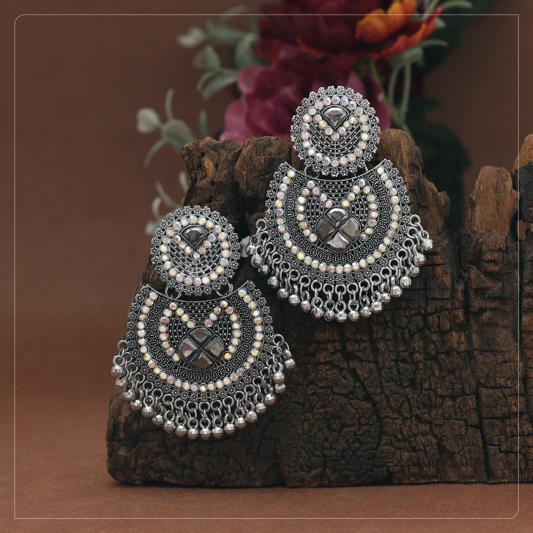 Silver Color Glass Stone Oxidised Earrings - Preyans.com
