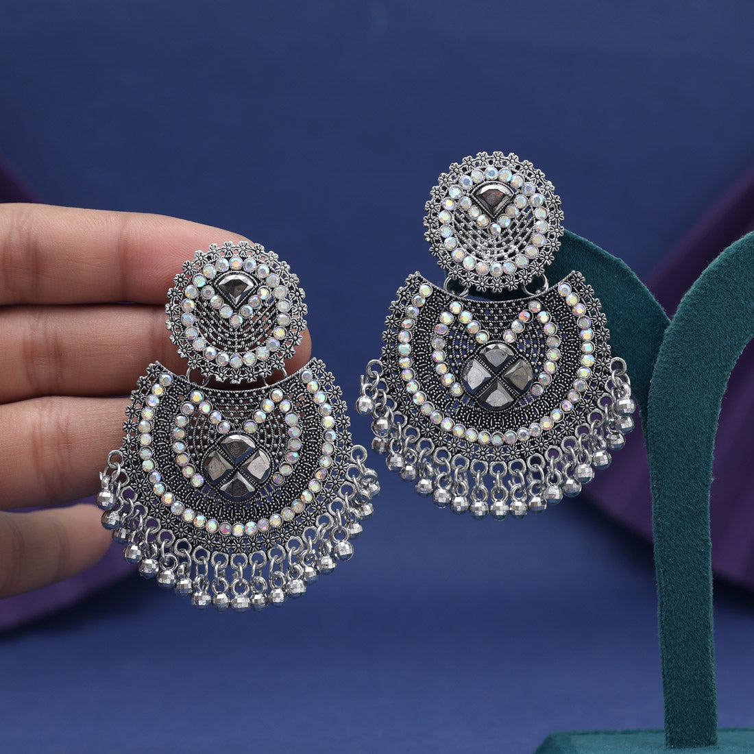 Silver Color Glass Stone Oxidised Earrings - Preyans.com