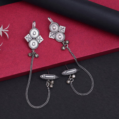 Antique Silver Color Oxidised Kaanphool Ear Cuff Style Fashion Earrings - Preyans.com