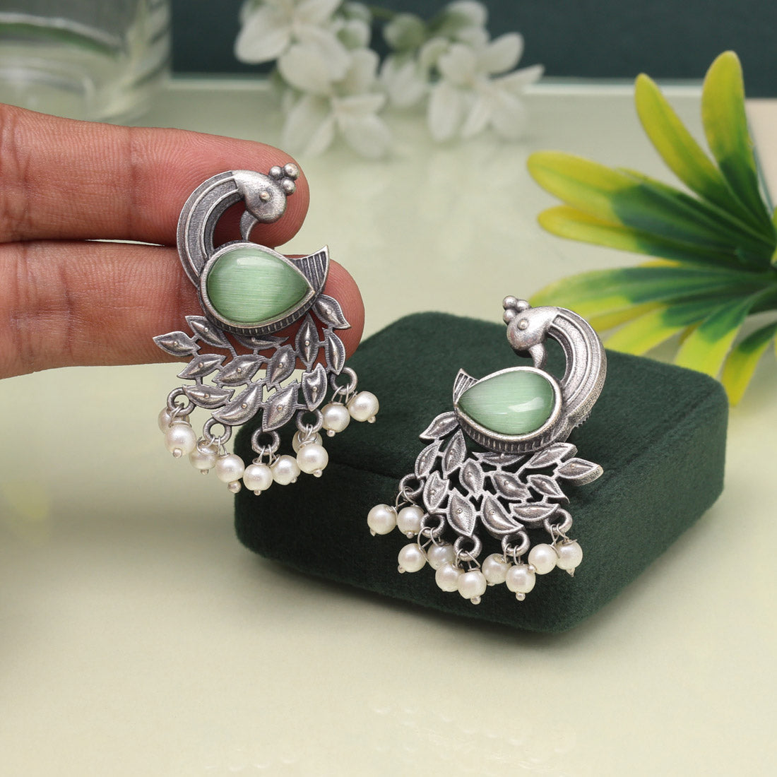 Pista Green Color Oxidised Earrings In Bold And Artistic Finish - Preyans.com