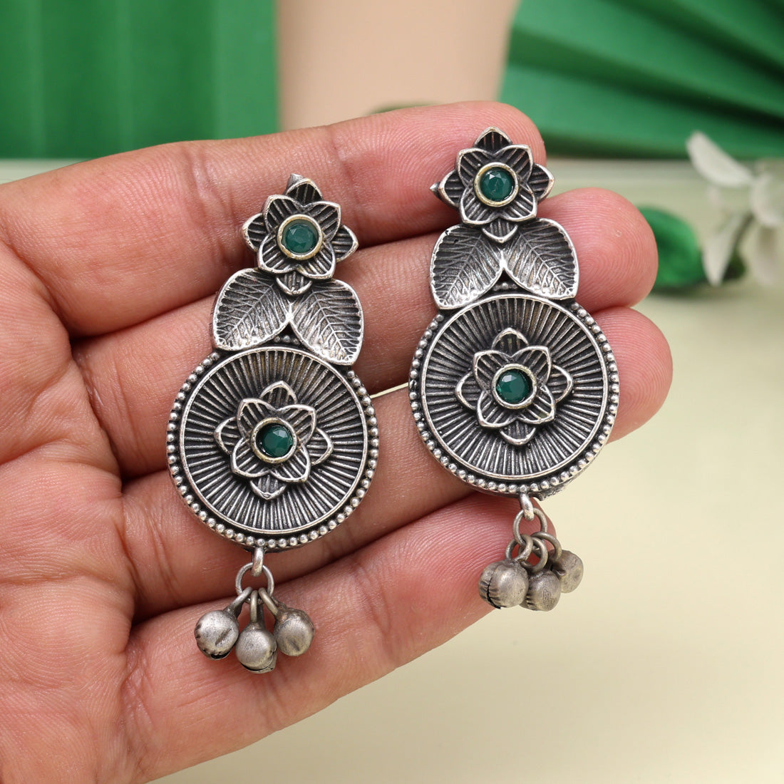 Bold Green Color Oxidised Earrings With Beautiful Handmade Finish - Preyans.com
