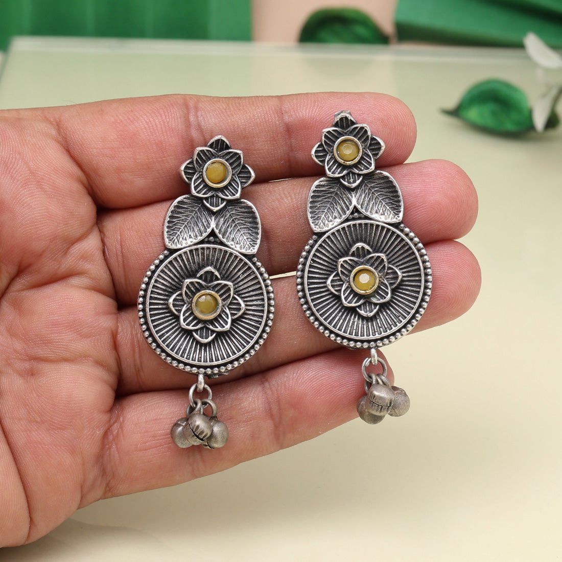Yellow Color Oxidised Earrings With Antique Design For Festive Look - Preyans.com