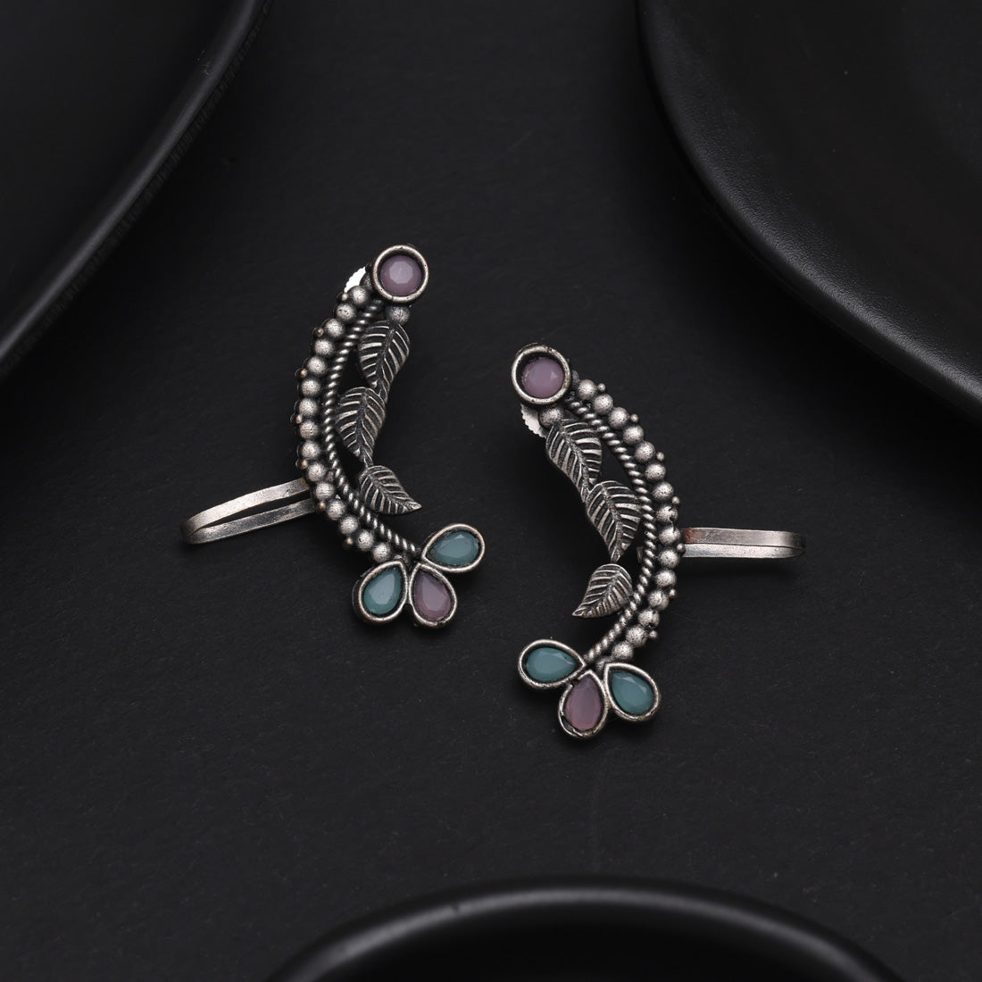 Pink & Pista Green Color Oxidised Ear Cuff Earrings For Occasions - Preyans.com