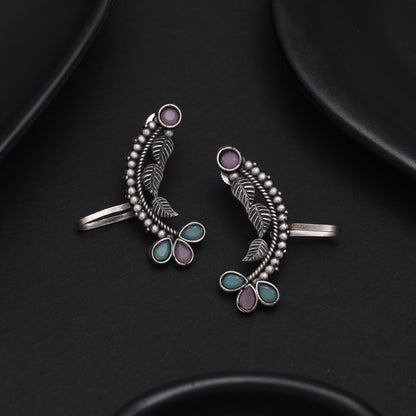 Pink & Pista Green Color Oxidised Ear Cuff Earrings For Occasions - Preyans.com