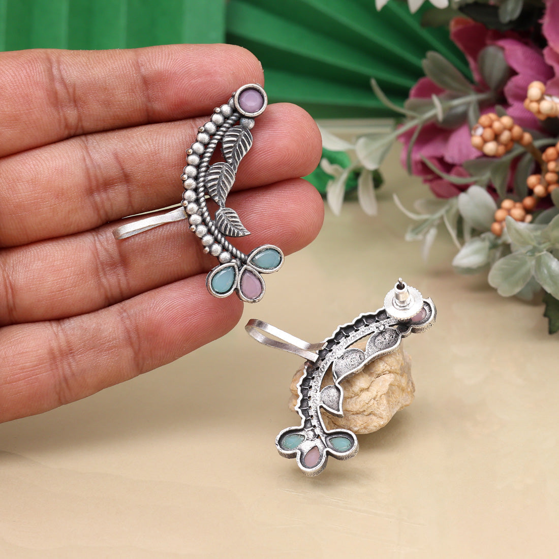 Pink & Pista Green Color Oxidised Ear Cuff Earrings For Occasions - Preyans.com