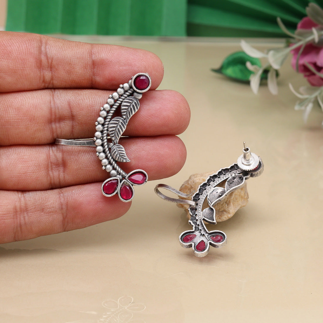 Rani Color Oxidised Ear Cuff Earrings For Festive And Cultural Wear - Preyans.com