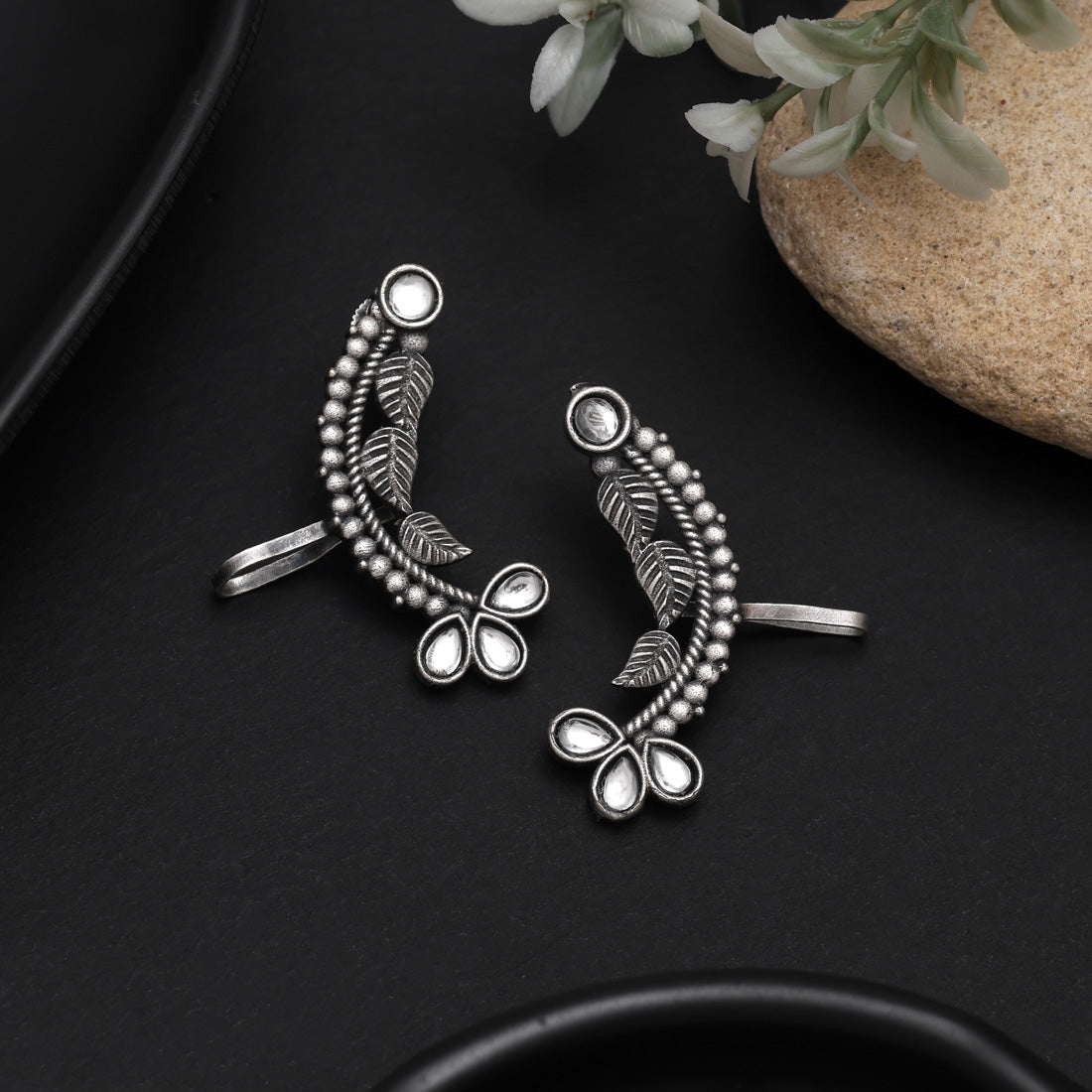 Wedding Style White Color Oxidised Ear Cuff Earrings With Shine - Preyans.com