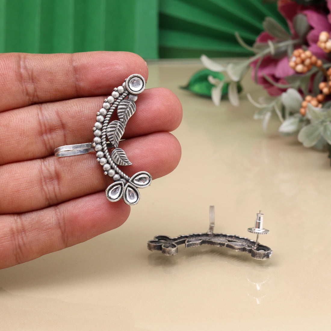 Wedding Style White Color Oxidised Ear Cuff Earrings With Shine - Preyans.com