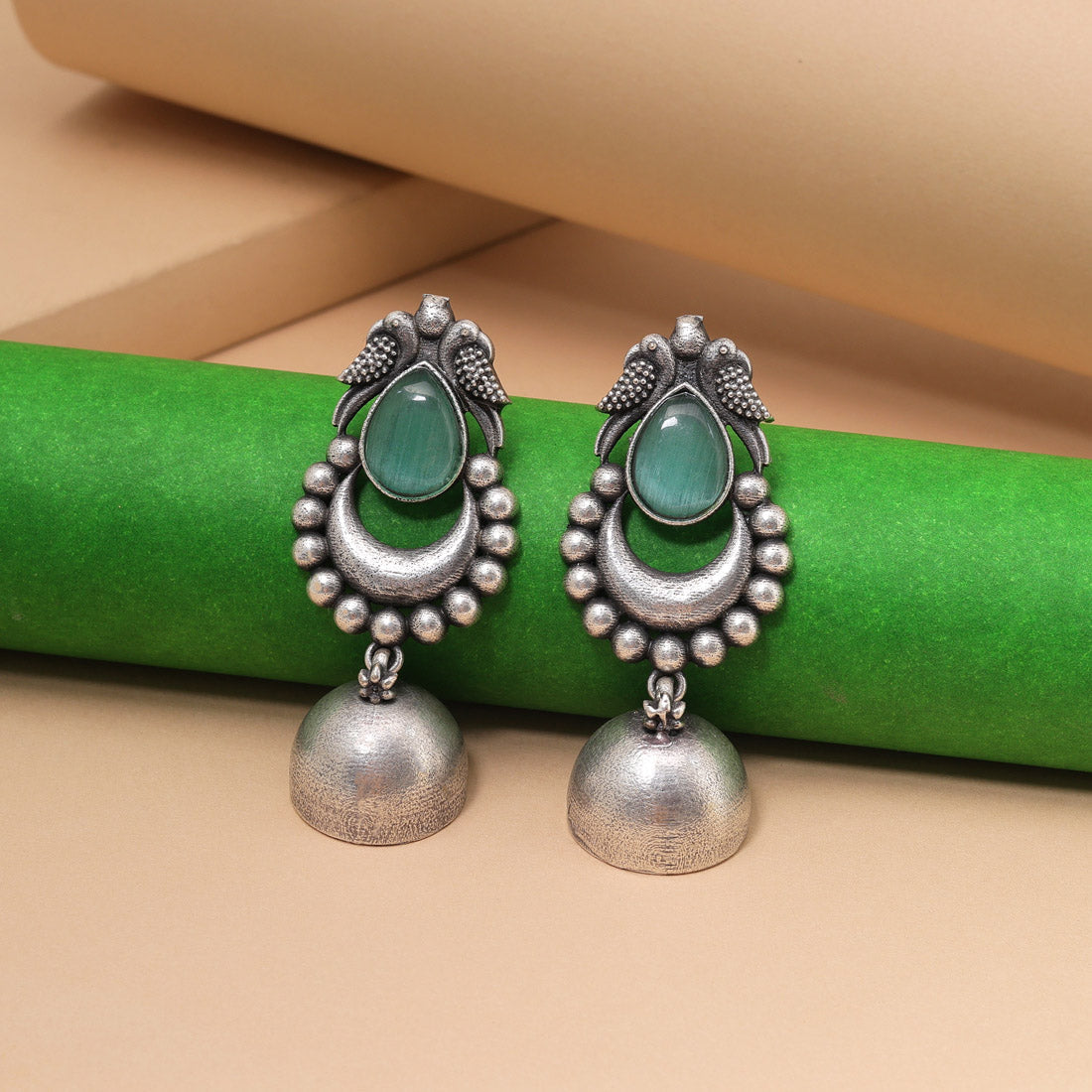 Light Green Color Oxidised Fashion Earrings With Nature Inspired Engraving - Preyans.com