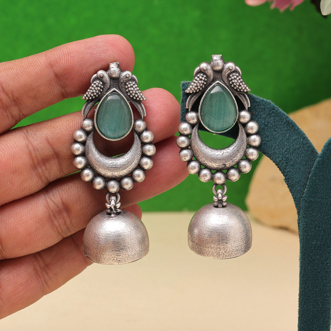 Light Green Color Oxidised Fashion Earrings With Nature Inspired Engraving - Preyans.com