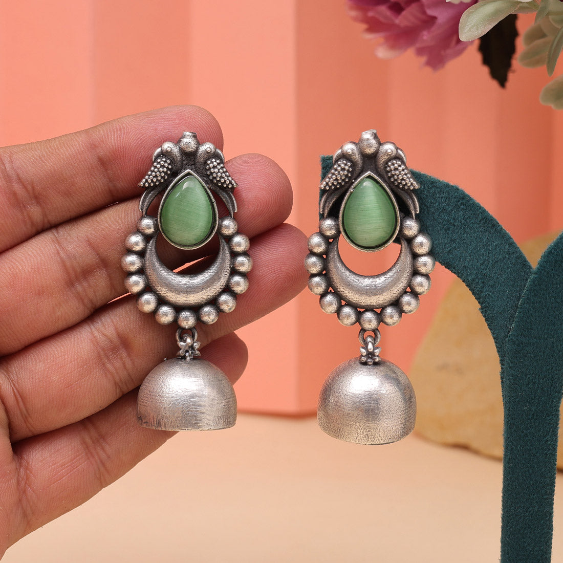 Pista Green Color Oxidised Fashion Earrings For Serene Ethnic Outfits - Preyans.com