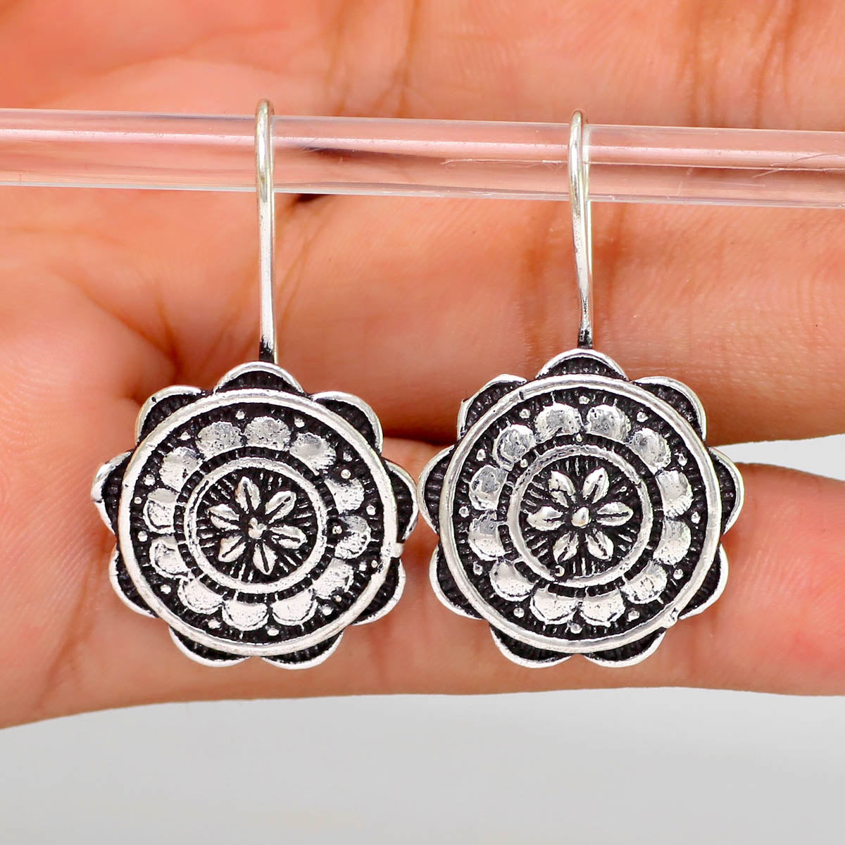 Rajasthani Ethnic German Silver Oxidised Earrings (GSE468SLV) - preyans.com