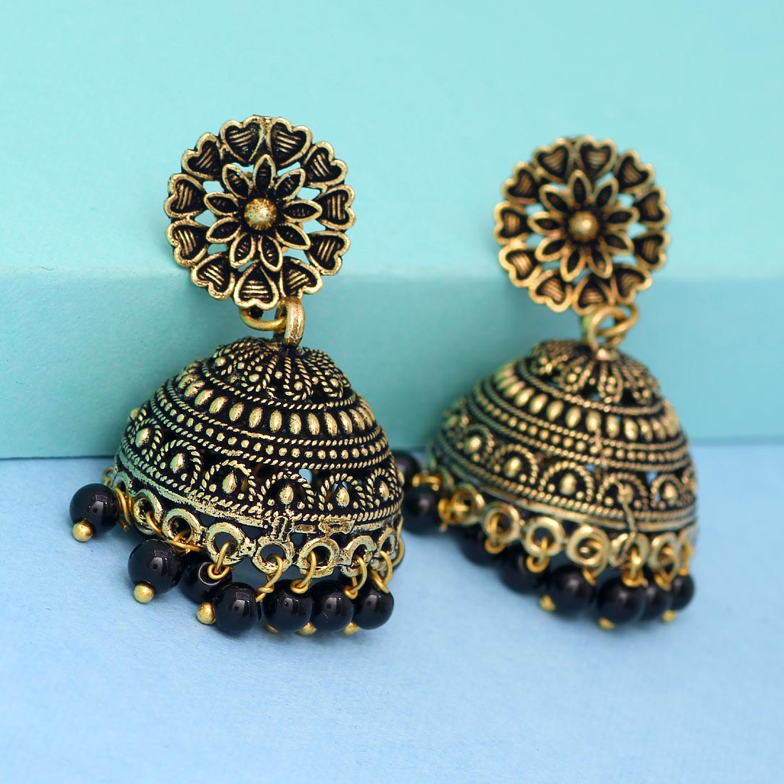 Rajasthani Traditional Wedding Collection Gold Oxidised Black Color Jhumki Earrings (GSE600) - preyans.com