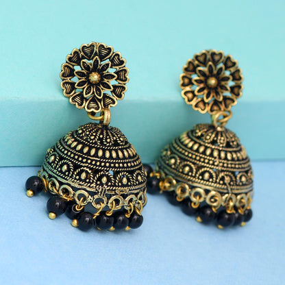 Rajasthani Traditional Wedding Collection Gold Oxidised Black Color Jhumki Earrings (GSE600) - preyans.com