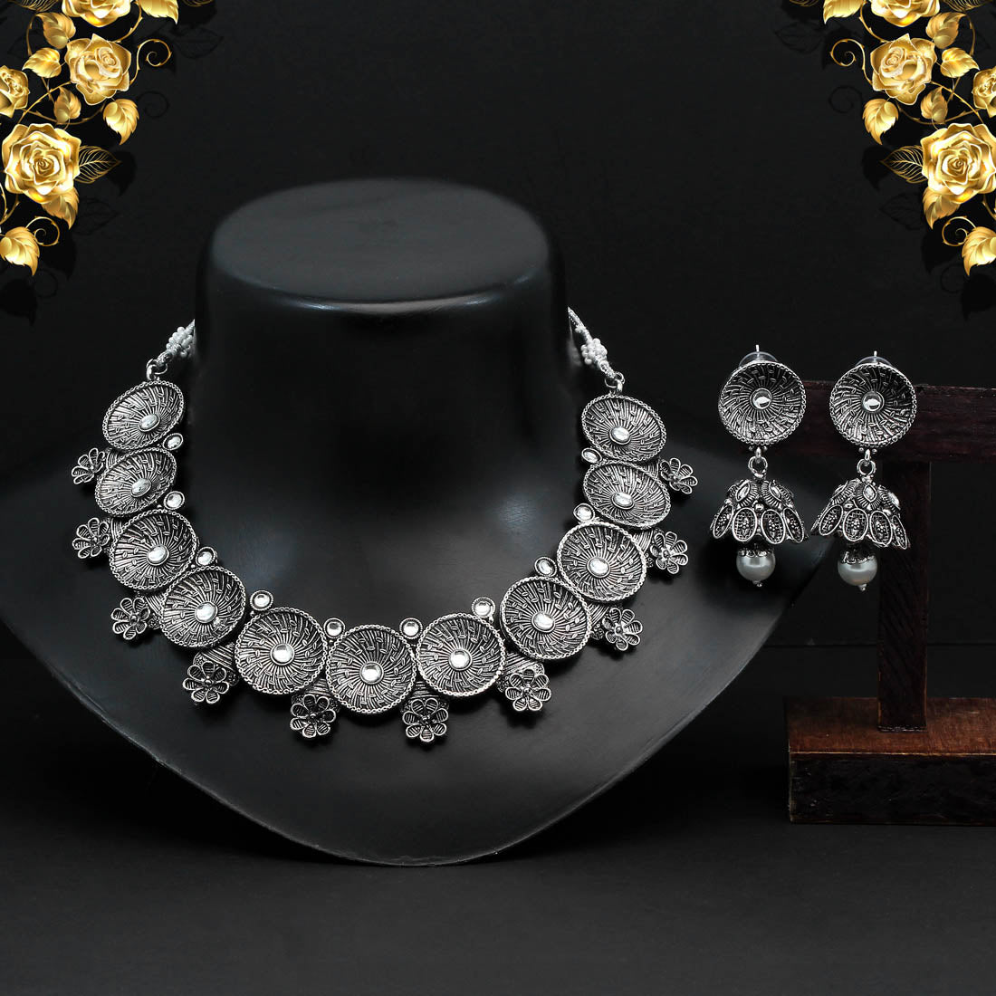 Silver Color Oxidised Necklace Set (GSN1817SLV) - Preyans.com