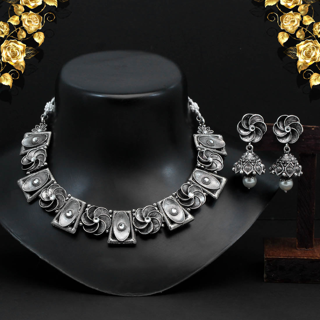 Silver Color Oxidised Necklace Set (GSN1831SLV) - Preyans.com