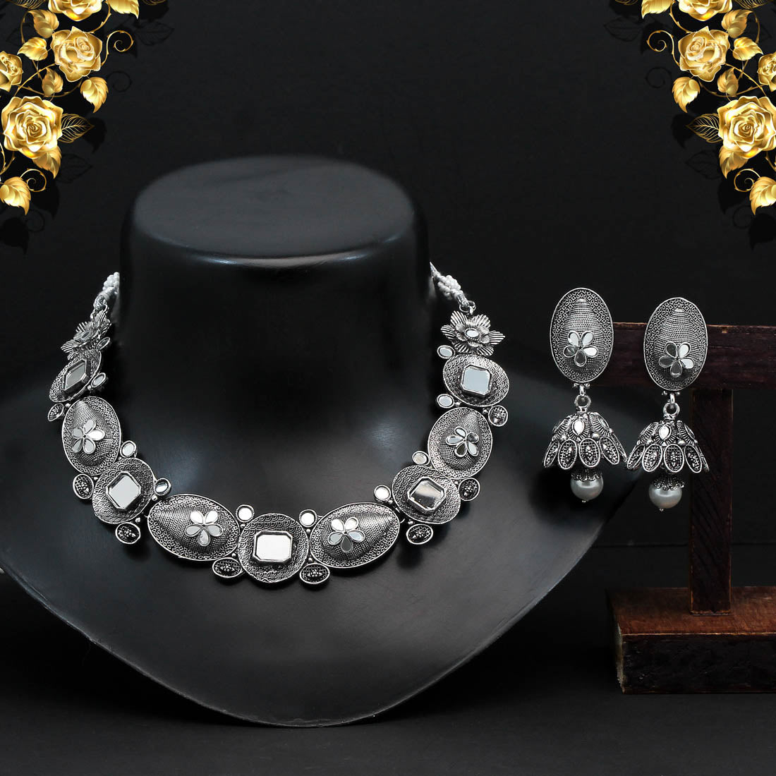 Silver Color Mirror Work Oxidised Necklace Set (GSN1836SLV) - Preyans.com