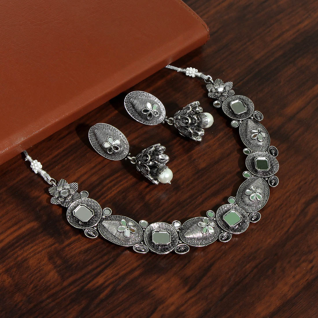 Silver Color Mirror Work Oxidised Necklace Set (GSN1836SLV) - Preyans.com