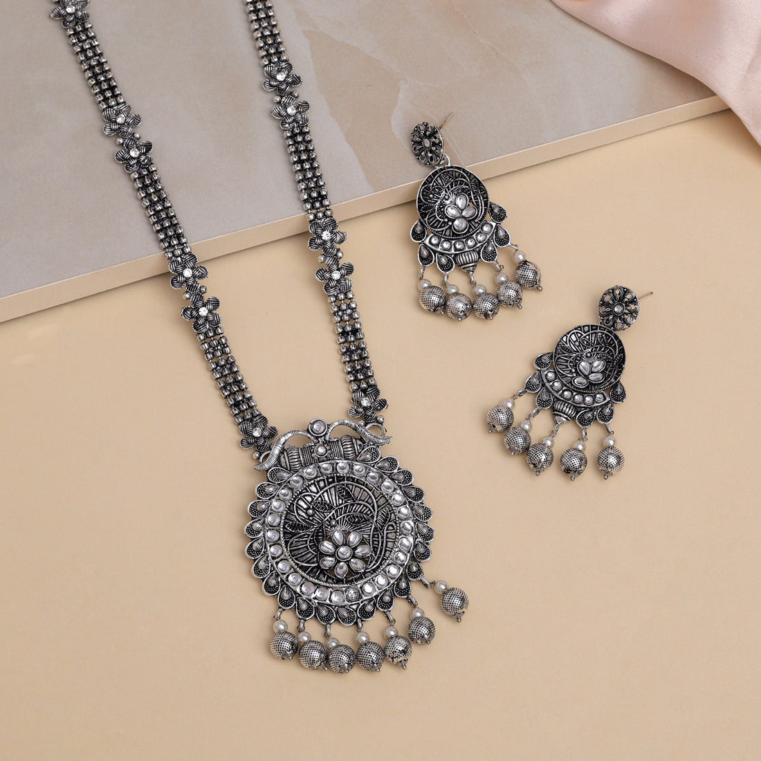 Silver Color Oxidised Long Necklace Set (GSN2019SLV) - preyans.com