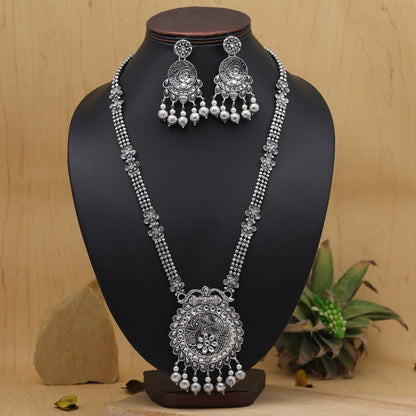 Silver Color Oxidised Long Necklace Set (GSN2019SLV) - preyans.com