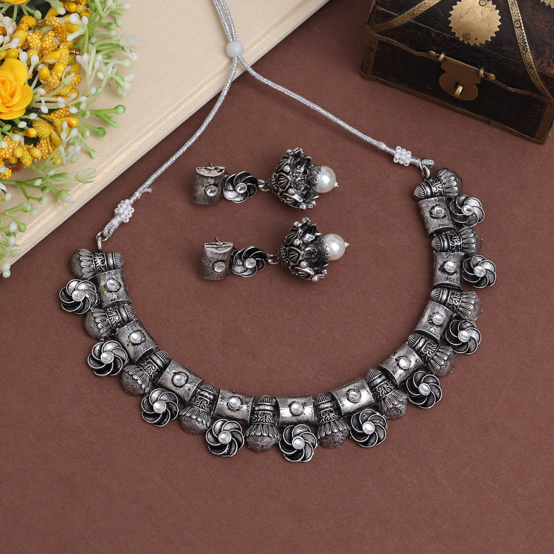 Silver Color Oxidised Necklace Set (GSN2021SLV) - Preyans.com