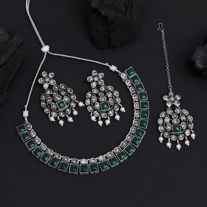 Green Color Oxidised Kundan Necklace Set (GSN2026GRN) - Preyans.com