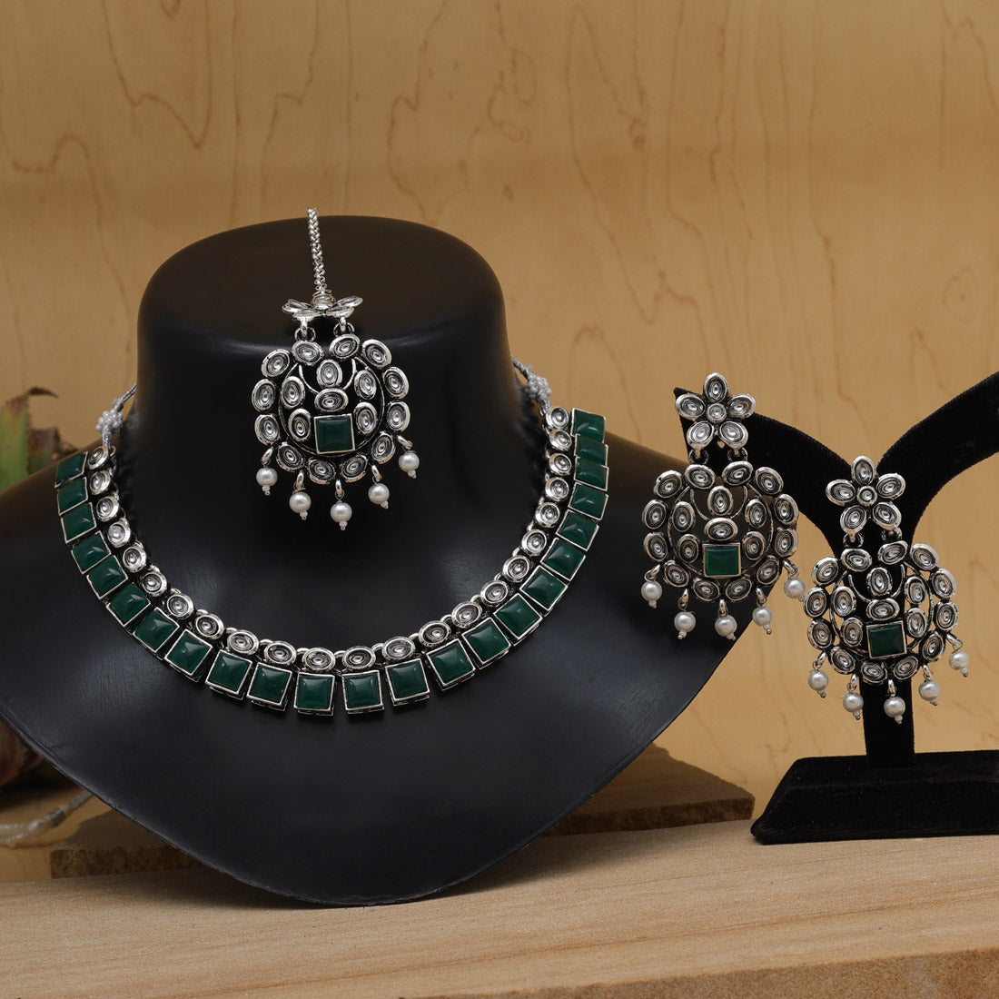 Green Color Oxidised Kundan Necklace Set (GSN2026GRN) - Preyans.com