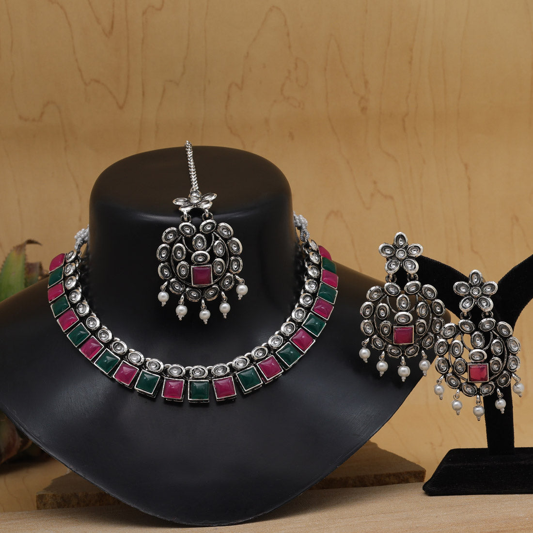 Rani & Green Color Oxidised Kundan Necklace Set (GSN2026RNIGRN) - Preyans.com