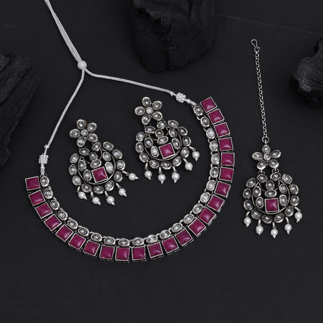 Rani Color Oxidised Kundan Necklace Set (GSN2026RNI) - Preyans.com