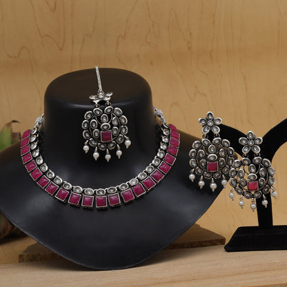 Rani Color Oxidised Kundan Necklace Set (GSN2026RNI) - Preyans.com