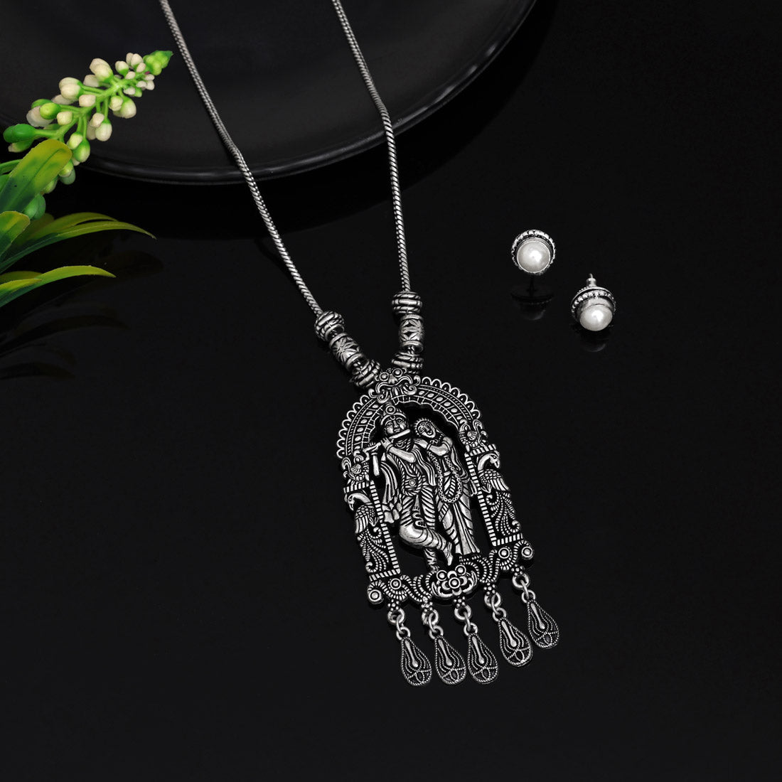 Silver Color Lord Radha Krishna Oxidised Necklace Set (GSN2030SLV) - preyans.com