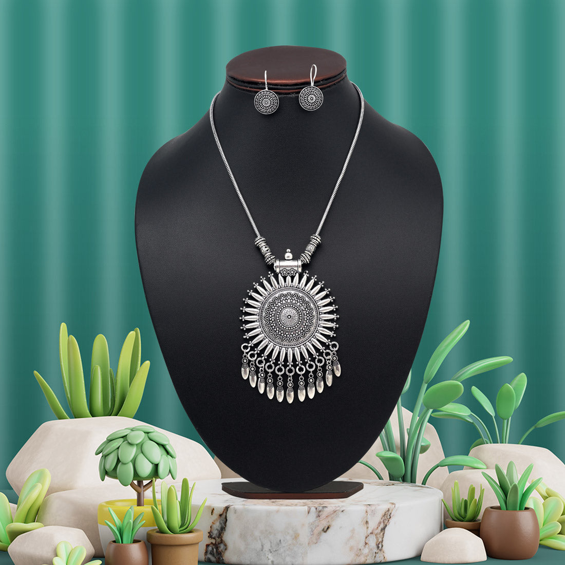 Silver Color Oxidised Necklace Set (GSN2034SLV) - preyans.com