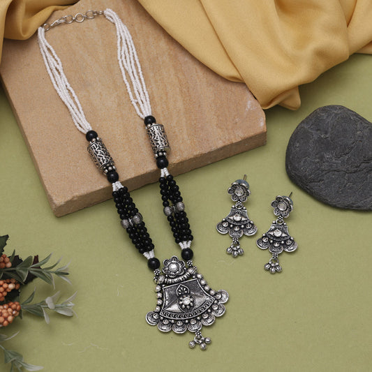 Silver Color Oxidised Necklace Set (GSN2038SLV) - preyans.com