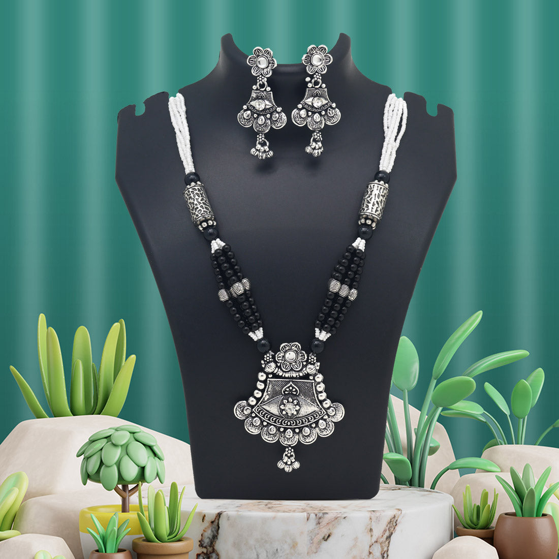 Silver Color Oxidised Necklace Set (GSN2038SLV) - preyans.com