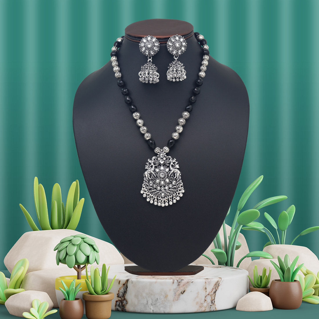 Silver Color Oxidised Necklace Set (GSN2040SLV) - preyans.com