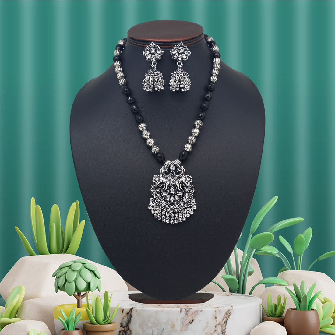 Silver Color Oxidised Necklace Set (GSN2042SLV) - preyans.com