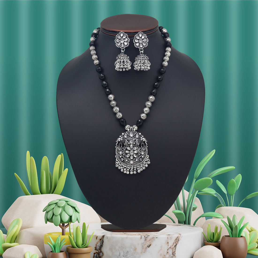 Silver Color Oxidised Necklace Set (GSN2043SLV) - preyans.com