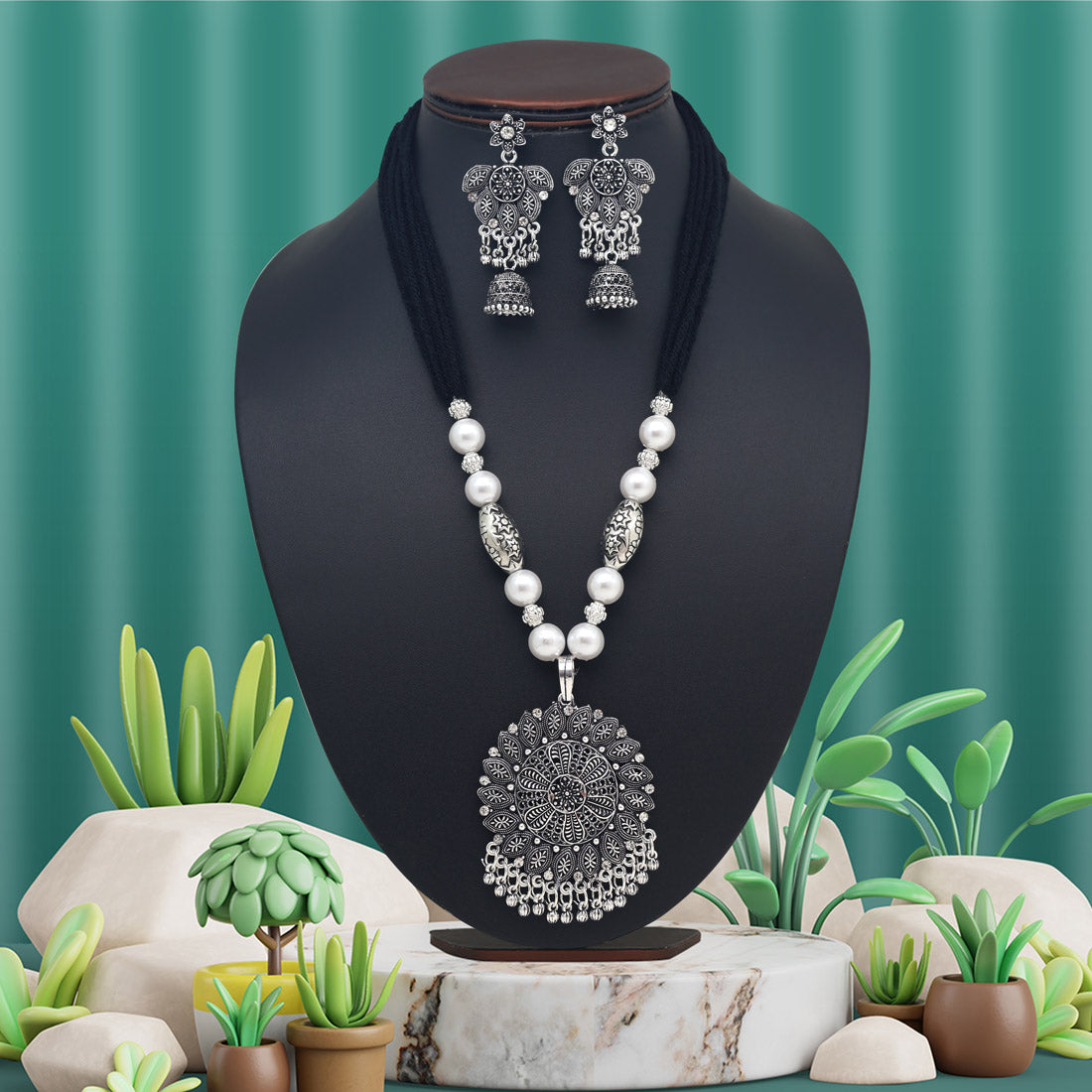 Silver Color Oxidised Necklace Set (GSN2047SLV) - preyans.com